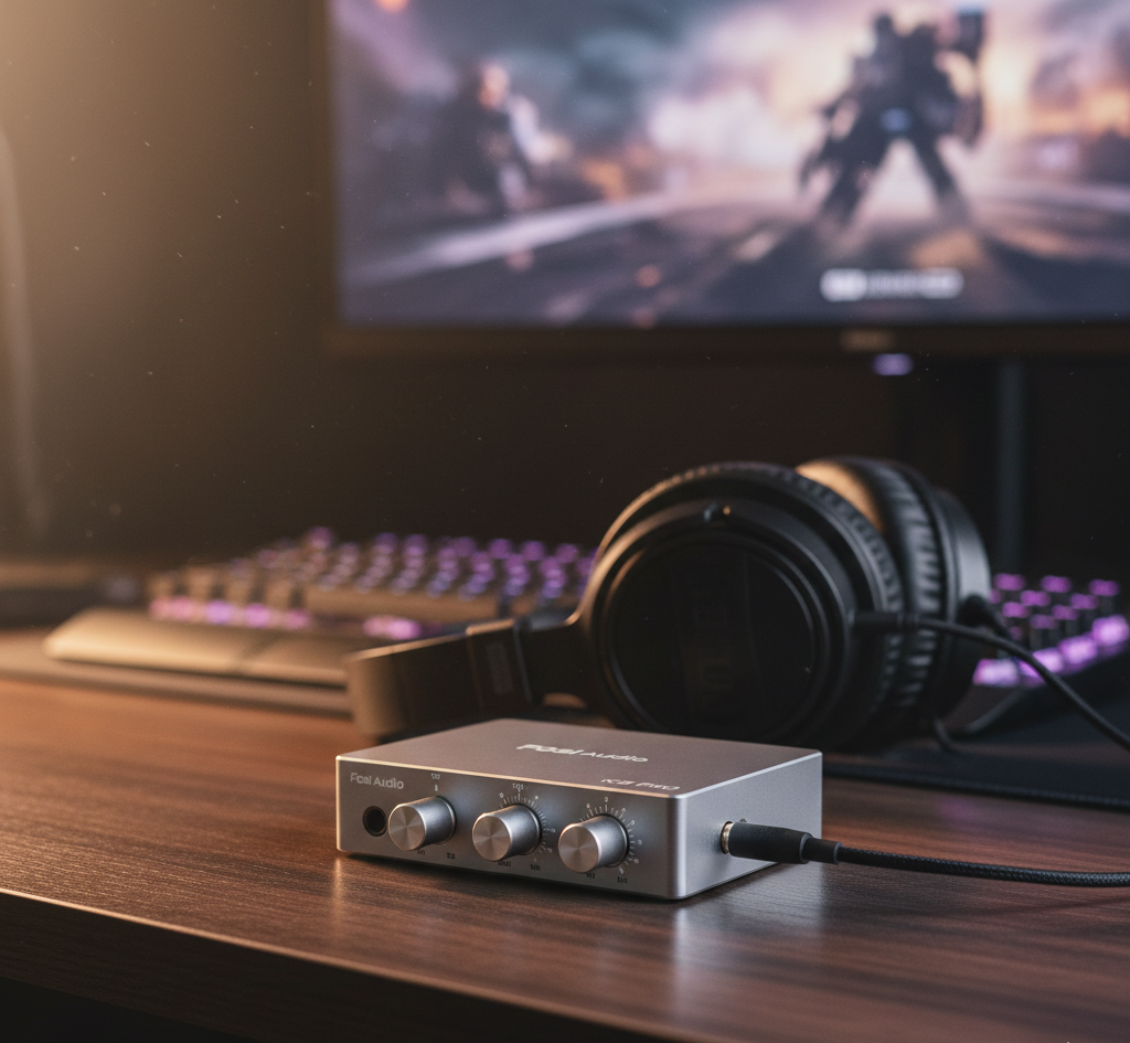 Fosi Audio K5 Pro Gaming DAC on a professional gaming desk setup