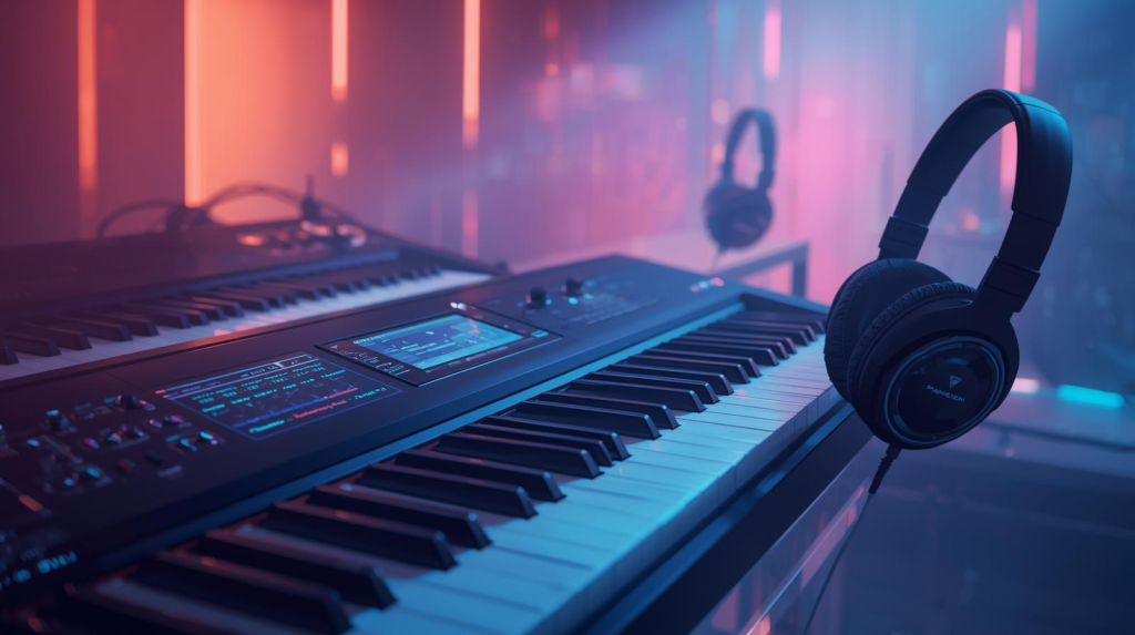 professional review showcase of the best headphones for digital piano, featuring high-quality studio monitors and an electric keyboard.